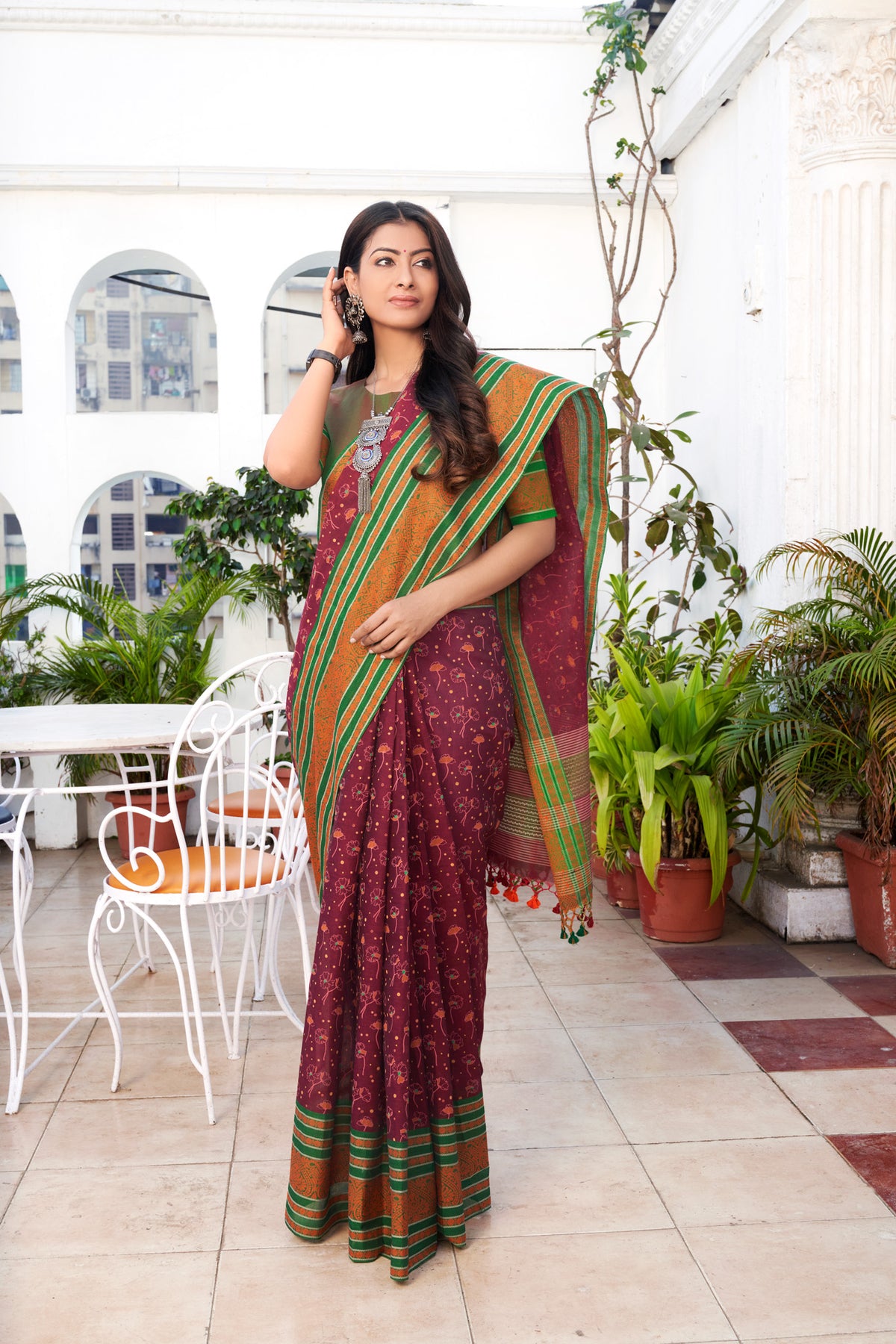 Kanchi Cotton saree with Plum Burgundy colour with Floral Print