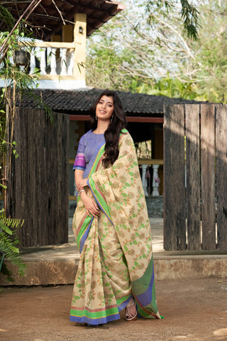 Alikam Khadi-Cotton saree in Sand Beige color and Floral Print.