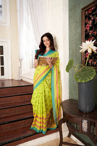 Chettinadu Cotton Saree in Lime Green and unique Block print motif.