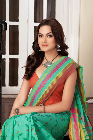 Chettinadu Cotton Saree in Lime Green and unique Block print motif.