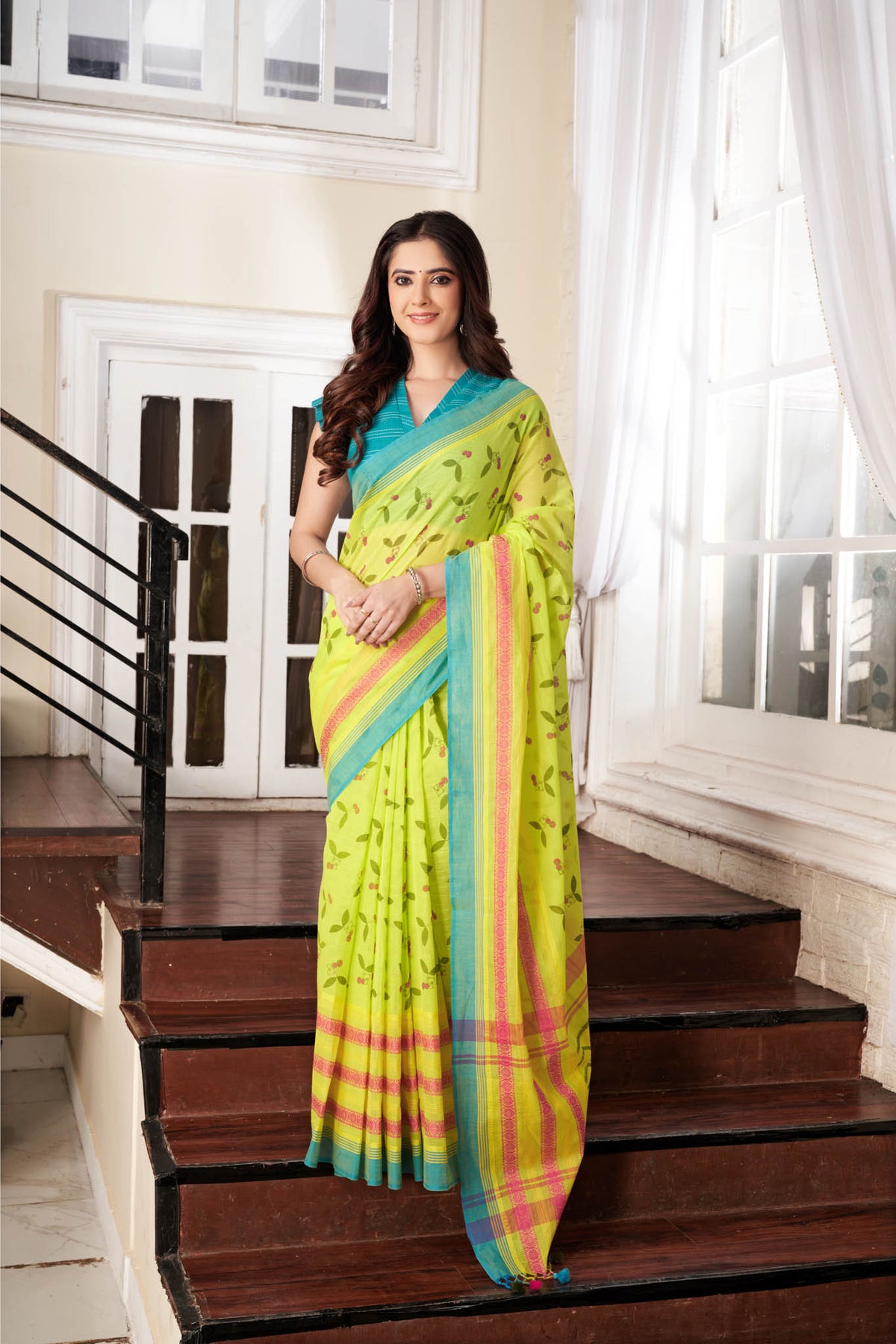 Chettinadu Cotton Saree in Lime Green and unique Block print motif.