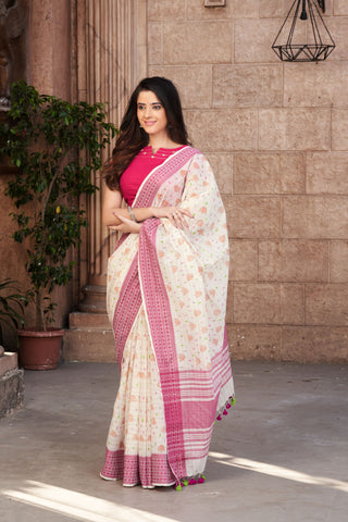 Chettinadu Cotton saree in Off-White and handprint