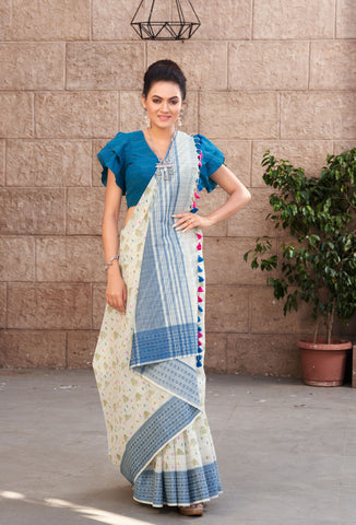 Chettinadu Cotton saree in Off-White and handprint