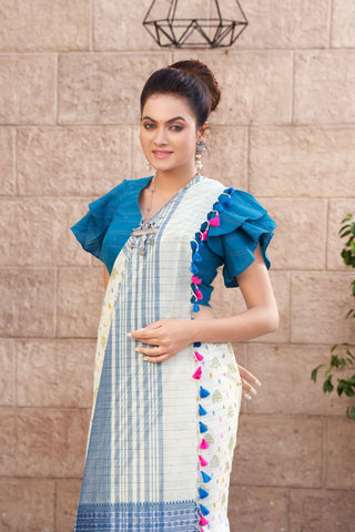 Chettinadu Cotton saree in Off-White and handprint