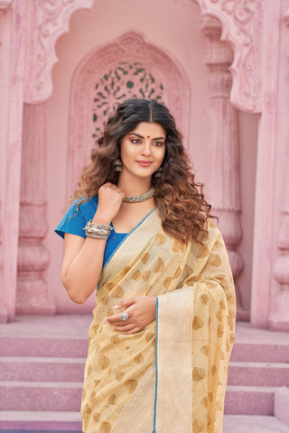 Pale yellow mangalagiri cotton saree with leaves handprint.