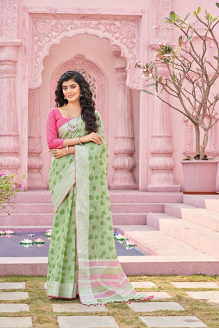 Pale yellow mangalagiri cotton saree with leaves handprint.