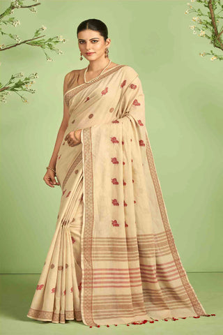 Cream color Venkatagiri Cotton saree with Peacock design weave