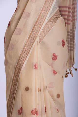 Cream color Venkatagiri Cotton saree with Peacock design weave