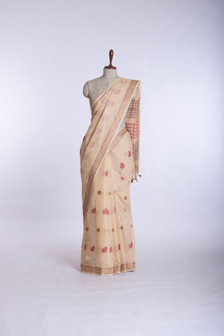 Cream color Venkatagiri Cotton saree with Peacock design weave