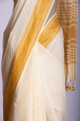 Mustrad Yellow Mangalagiri cotton saree with checks self weave.