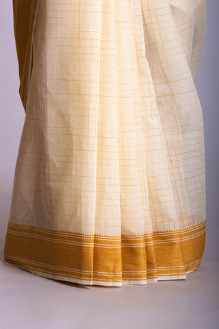 Mustrad Yellow Mangalagiri cotton saree with checks self weave.