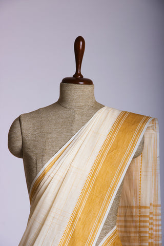 Mustrad Yellow Mangalagiri cotton saree with checks self weave.