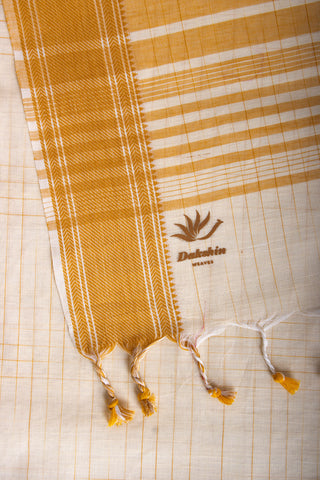 Mustrad Yellow Mangalagiri cotton saree with checks self weave.