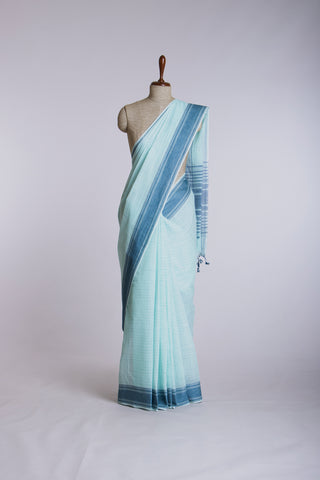 Mustrad Yellow Mangalagiri cotton saree with checks self weave.