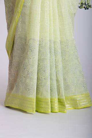 Alikam Khadi cotton saree with hand embroidery work.