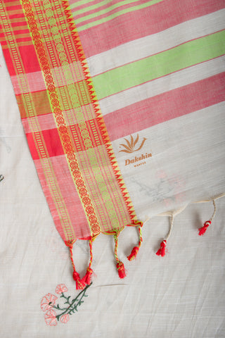 Chettinadu cotton saree in Bone mist with flower design hand embroidered.