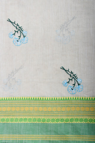 Chettinadu cotton saree in Bone mist with flower design hand embroidered.