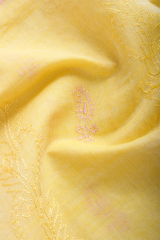 Chettinadu cotton saree  with yellow color branches and pink color flower hand embroidery.