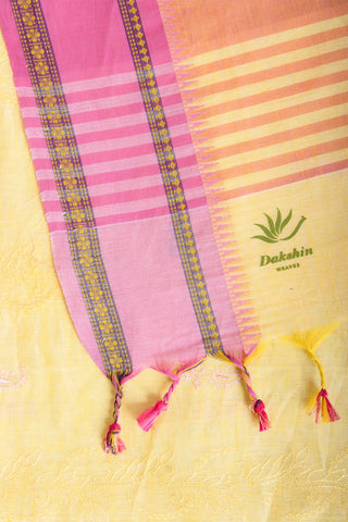 Chettinadu cotton saree  with yellow color branches and pink color flower hand embroidery.