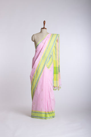 Chettinadu cotton saree  with yellow color branches and pink color flower hand embroidery.