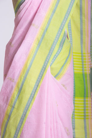 Chettinadu cotton saree  with yellow color branches and pink color flower hand embroidery.