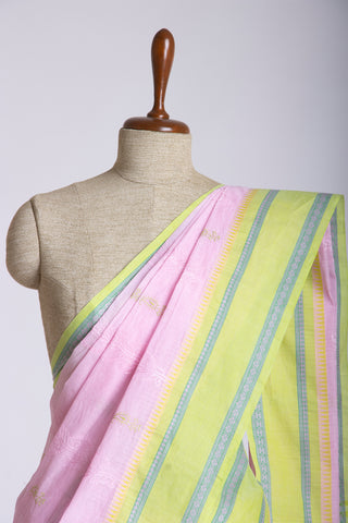 Chettinadu cotton saree  with yellow color branches and pink color flower hand embroidery.