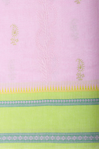 Chettinadu cotton saree  with yellow color branches and pink color flower hand embroidery.