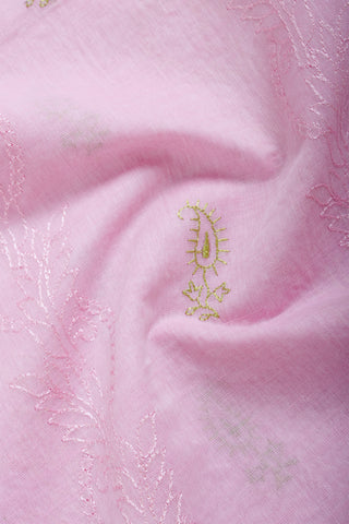 Chettinadu cotton saree  with yellow color branches and pink color flower hand embroidery.