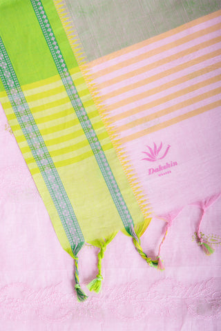 Chettinadu cotton saree  with yellow color branches and pink color flower hand embroidery.