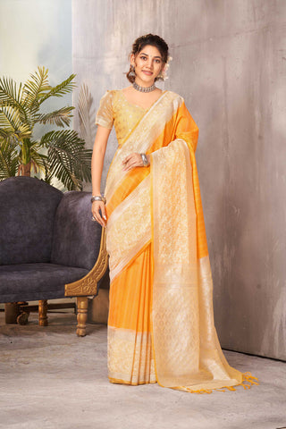 Mustrd Yellow Dhaka silk with Embroidery border saree