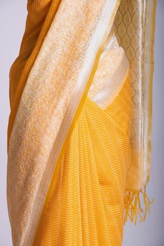 Mustrd Yellow Dhaka silk with Embroidery border saree