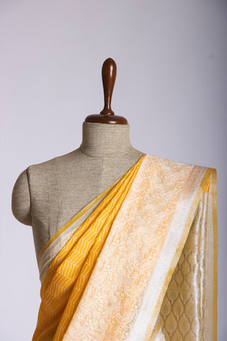 Mustrd Yellow Dhaka silk with Embroidery border saree