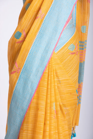 Ikkat Cotton Embroidery Work Sarees With Soft Amber.