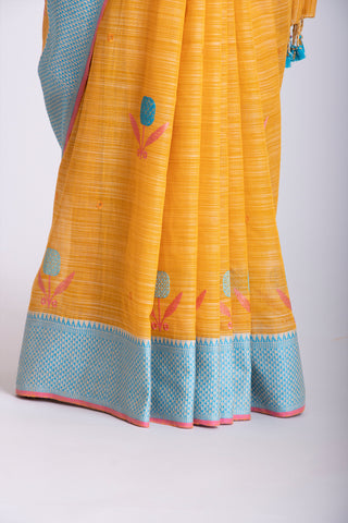 Ikkat Cotton Embroidery Work Sarees With Soft Amber.