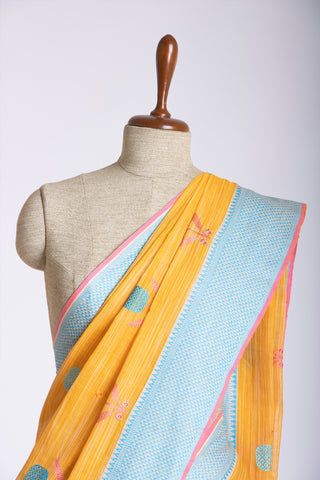 Ikkat Cotton Embroidery Work Sarees With Soft Amber.