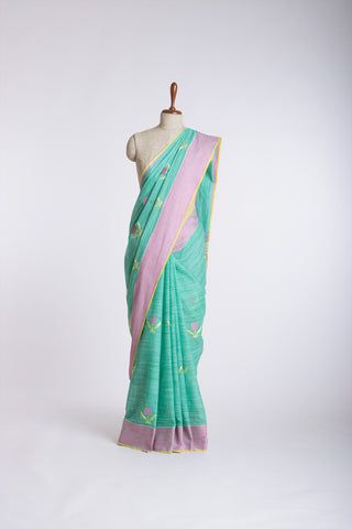 Ikkat Cotton Embroidery Work Sarees With Soft Amber.