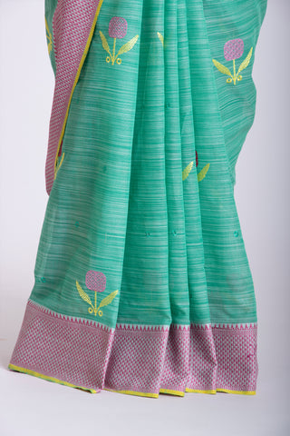 Ikkat Cotton Embroidery Work Sarees With Soft Amber.