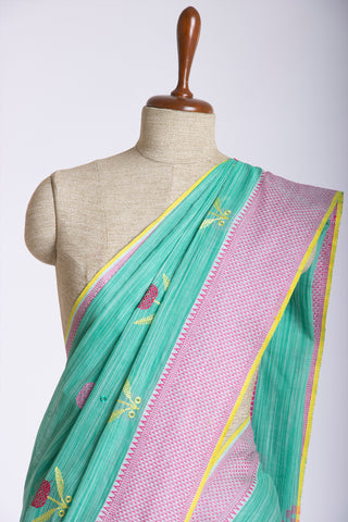 Ikkat Cotton Embroidery Work Sarees With Soft Amber.