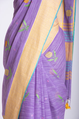 Ikkat Cotton Embroidery Work Sarees With Soft Amber.