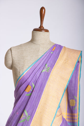 Ikkat Cotton Embroidery Work Sarees With Soft Amber.