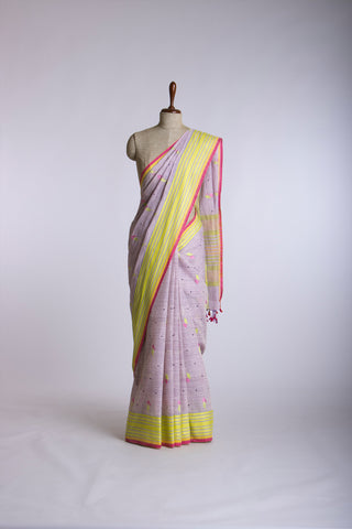 Ikkat Cotton Leaf And Dot Design Embroidery Work Sarees With Soft Amber.