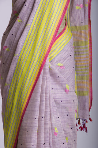 Ikkat Cotton Leaf And Dot Design Embroidery Work Sarees With Soft Amber.