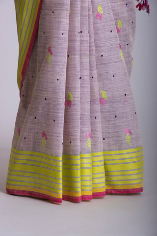 Ikkat Cotton Leaf And Dot Design Embroidery Work Sarees With Soft Amber.