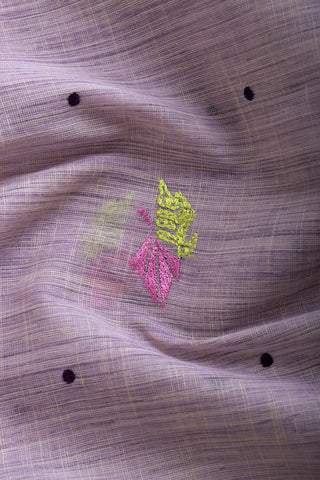 Ikkat Cotton Leaf And Dot Design Embroidery Work Sarees With Soft Amber.