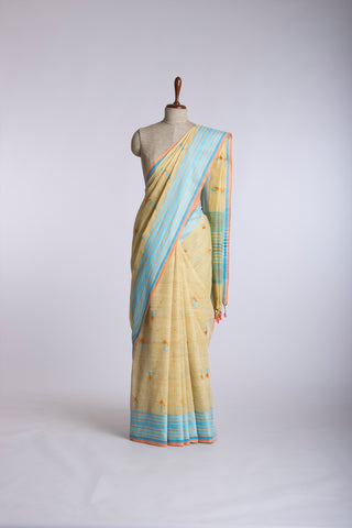 Ikkat Cotton Leaf And Dot Design Embroidery Work Sarees With Soft Amber.