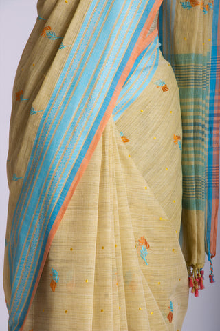 Ikkat Cotton Leaf And Dot Design Embroidery Work Sarees With Soft Amber.