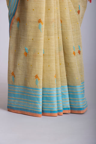 Ikkat Cotton Leaf And Dot Design Embroidery Work Sarees With Soft Amber.