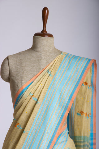 Ikkat Cotton Leaf And Dot Design Embroidery Work Sarees With Soft Amber.