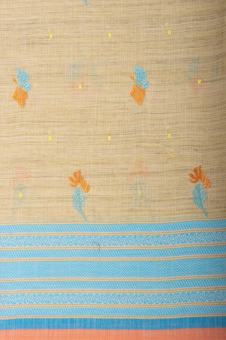 Ikkat Cotton Leaf And Dot Design Embroidery Work Sarees With Soft Amber.