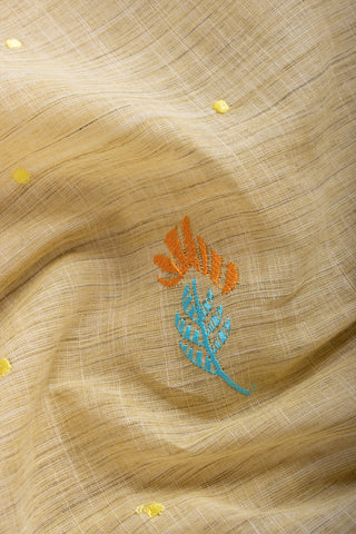 Ikkat Cotton Leaf And Dot Design Embroidery Work Sarees With Soft Amber.